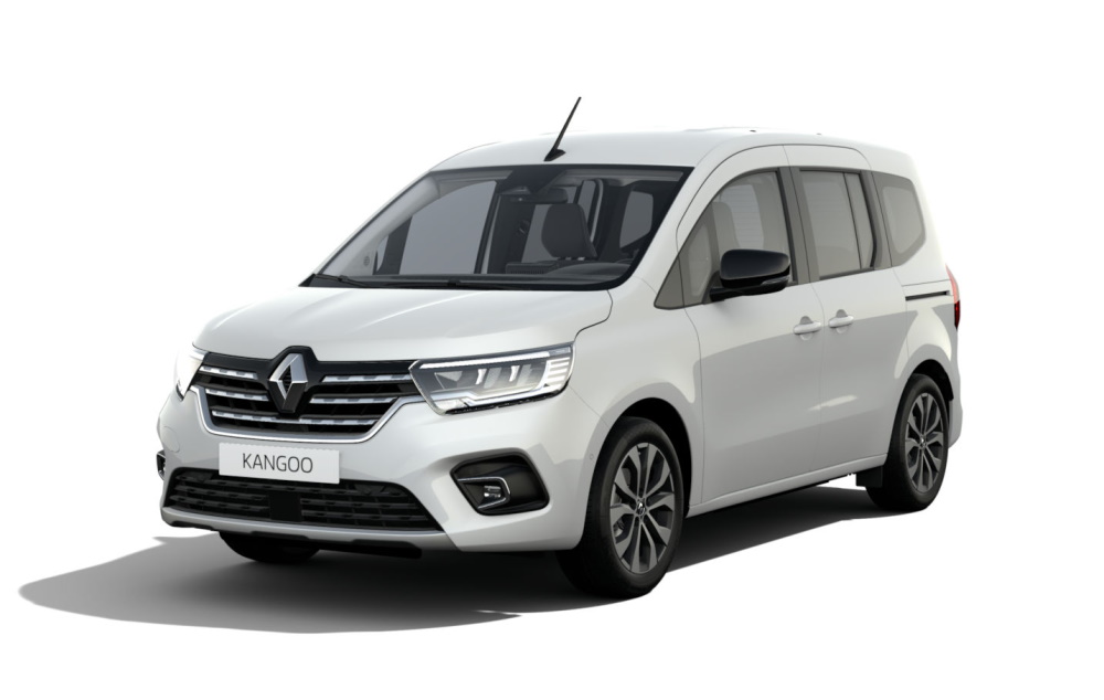 Renault Kangoo blanc, vue de face. Monospace familial moderne.